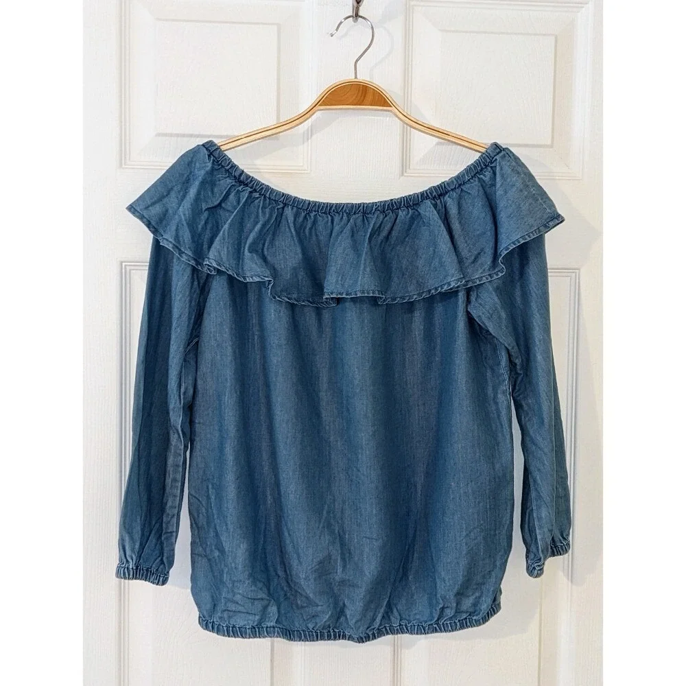 Michael Kors Off Shoulder Ruffle Long Sleeve Top Chambray Blue Size PS NWT $98‎